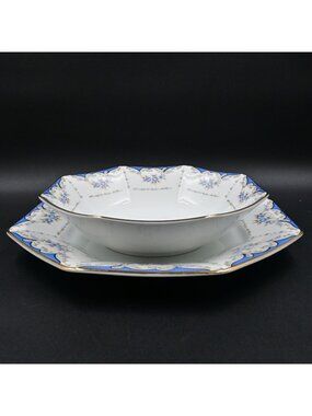 Seizan Mood Indigo 7936 Octagonal Serving Bowl & Plate Platter Set